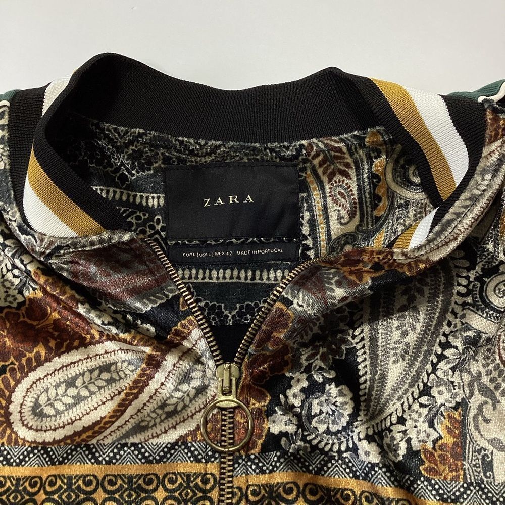Zara Velour Bomber Track Jacket Size L Green Gold Paisley Stripe Velvet 80s - Picture 5 of 11